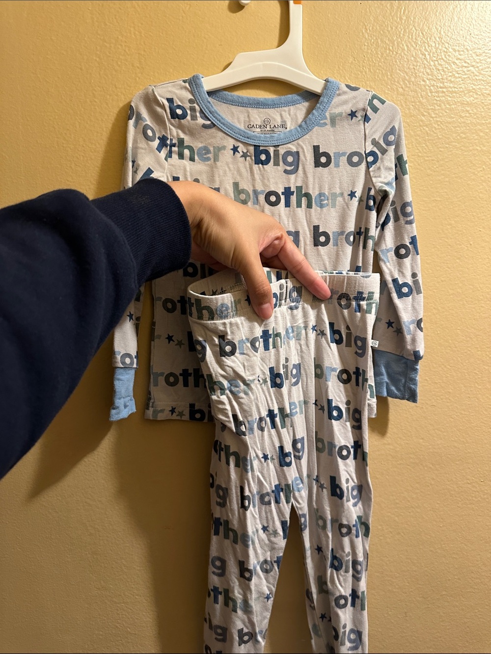 Caden Lane Cream Pajama Top with Blue and Green Big Brother Print